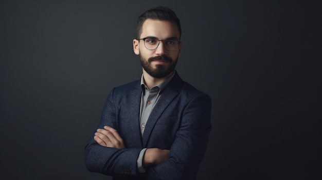 Hombre de negocios guapo feliz contra un telón de fondo minimalista con los brazos cruzados IA generativa