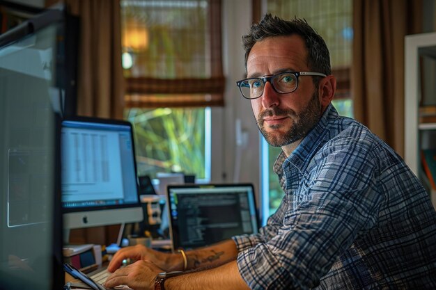 Hombre de negocios guapo con gafas trabajando desde casa.