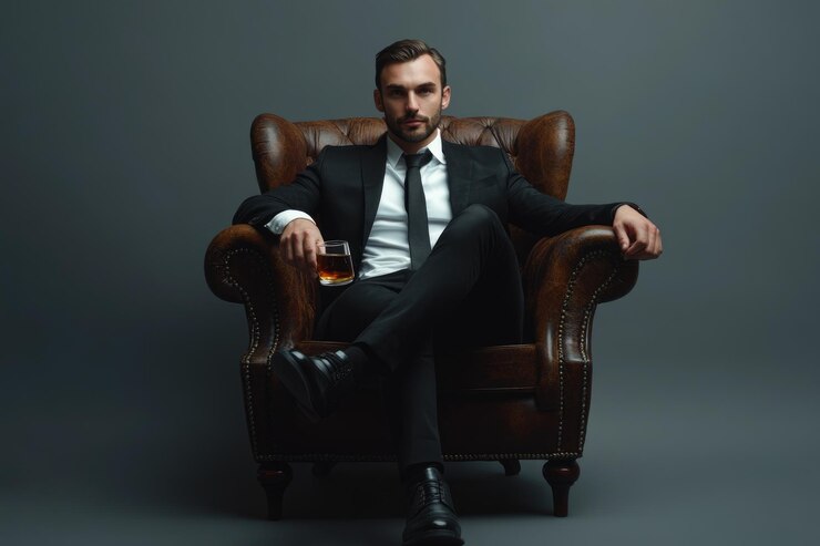 Hombre de negocios guapo en una oficina de lujo con whisky y cigarro.