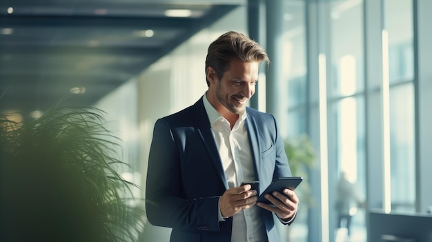 Foto hombre de negocios guapo de pie en una oficina moderna