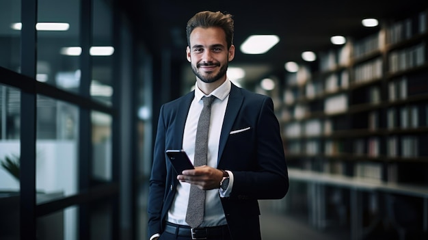 Hombre de negocios guapo de pie en la oficina usa teléfono móvil