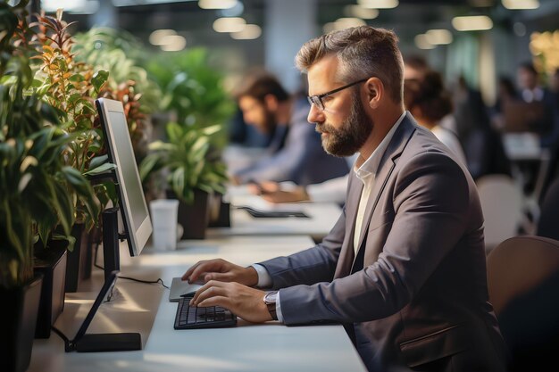 Hombre de negocios guapo trabajando en la computadora en la oficina