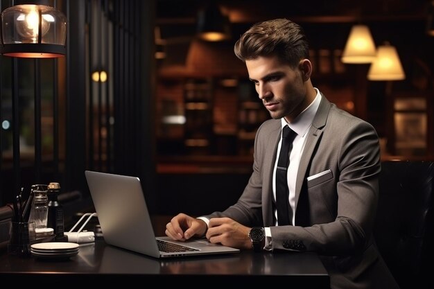 Hombre de negocios guapo trabajando en una computadora portátil mientras está sentado en la mesa en un café generado por Ai