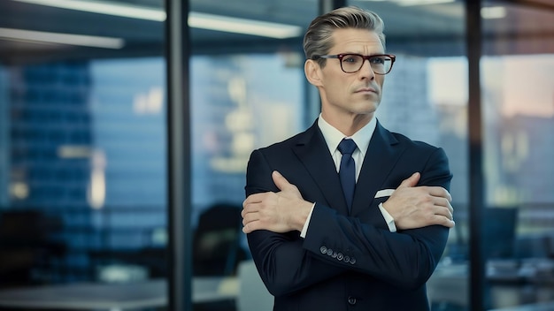 Hombre de negocios guapo en traje y gafas brazos cruzados pecho y mirada