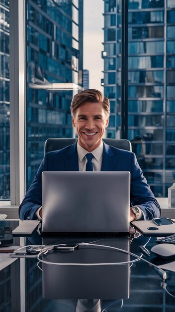 Un hombre de negocios guapo usando una computadora portátil y sonriendo