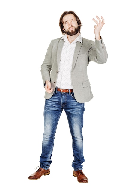 Hombre de negocios hablando durante la presentación y usando gestos con las manos emociones expresiones faciales sentimientos lenguaje corporal signos imagen sobre un fondo blanco de estudio