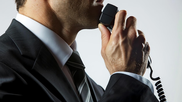 Un hombre de negocios hablando por teléfono de cerca.