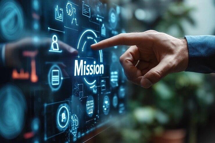 El hombre de negocios hace clic en la pantalla virtual Misión