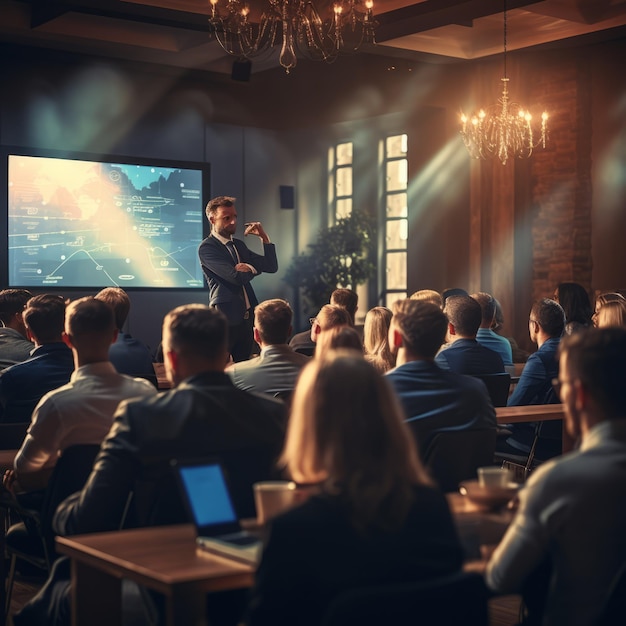 Un hombre de negocios haciendo una presentación en una sala de conferencias