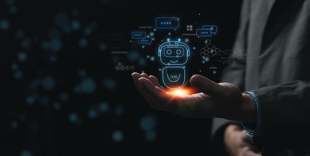 Hombre de negocios con un holograma de chatbot ligero inteligencia AI chatbot digital chatGPT aplicación de robot chat GPT chat con IA Artifice desarrolladores inteligentes concepto de tecnología digital