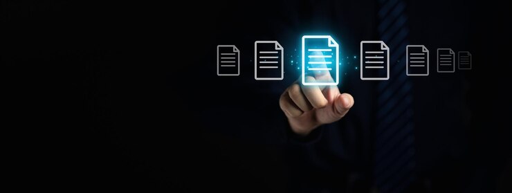 Foto hombre de negocios con hologramas de archivos de documentos digitales los archivos de datos en computadoras almacenadas como bases de datos en la nube se pueden ver en línea y evitar la pérdida de datos del dispositivo concepto de gestión de archivos de datos