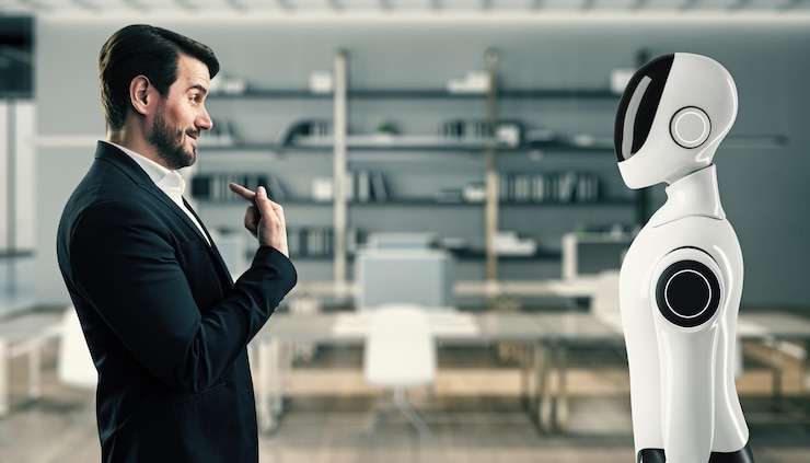 Foto un hombre de negocios y un humanoide robótico conversando en una oficina moderna