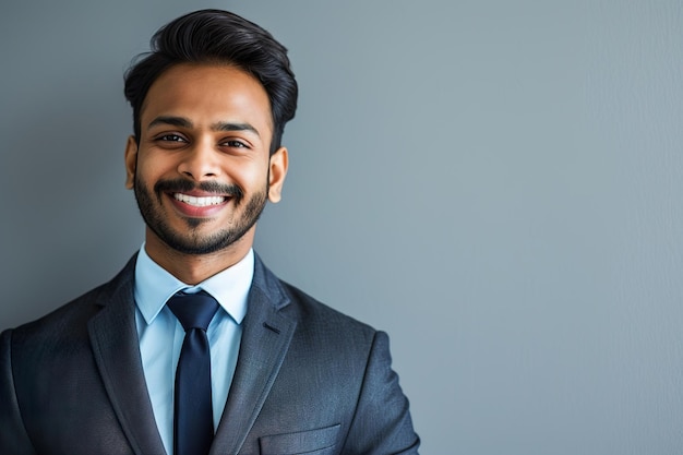 Un hombre de negocios indio confiado sonriendo contra un telón de fondo gris