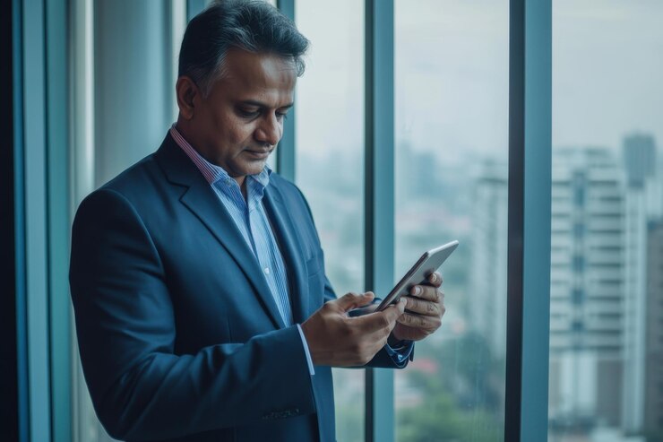 Un hombre de negocios indio confiado usando una tableta digital en un edificio de oficinas moderno