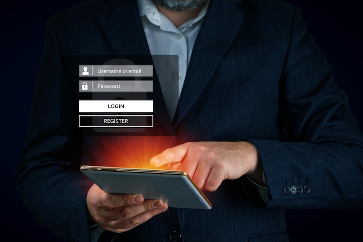 Foto el hombre de negocios inicia sesión con el inicio de sesión de su teléfono inteligente para la seguridad de identificación de aplicaciones financieras