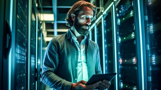 Un hombre de negocios inspecciona los gabinetes de los servidores en el pasillo de un centro de datos