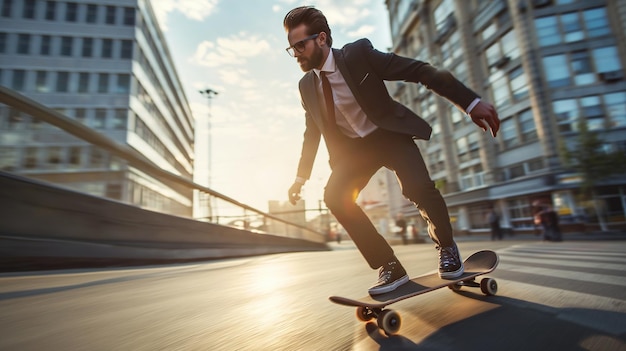 Un hombre de negocios inteligente y confiado en traje montando una patineta apresurándose a su oficina