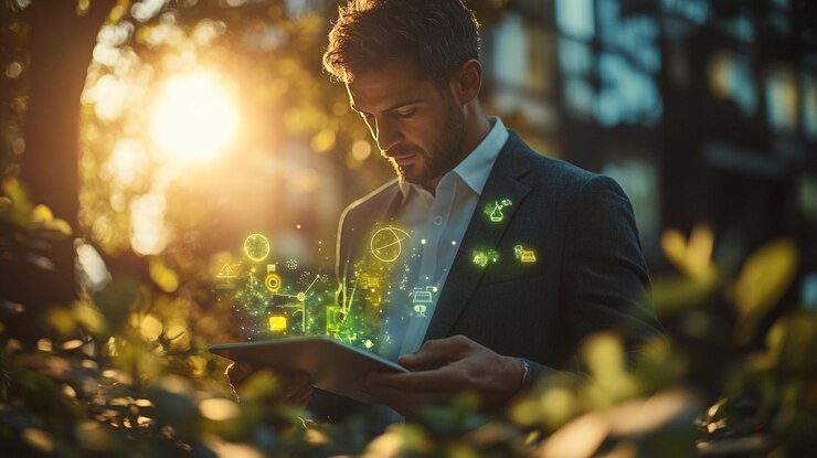 Un hombre de negocios interactúa con la tecnología digital en un exuberante entorno al aire libre durante la puesta de sol