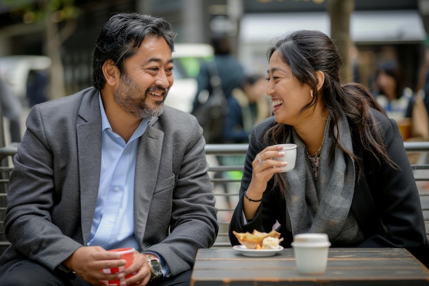 Un hombre de negocios japonés y una mujer de negocios india comparten comida y camaradería durante su almuerzo