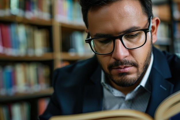 Un hombre de negocios latinoamericano enfocado leyendo un libro en la oficina de cerca.