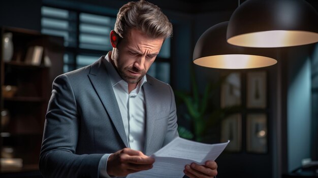 Foto un hombre de negocios lee un contrato en su oficina, un hombre de negocios lee un aviso de despido.