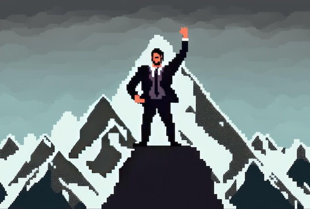 El hombre de negocios levanta la mano al cielo para mostrar la victoria o el éxito en el concepto de negocio pixel art