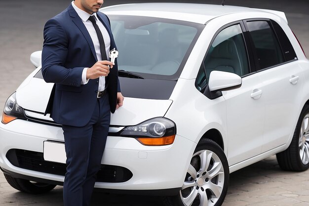 Foto un hombre de negocios con una llave del coche blanco