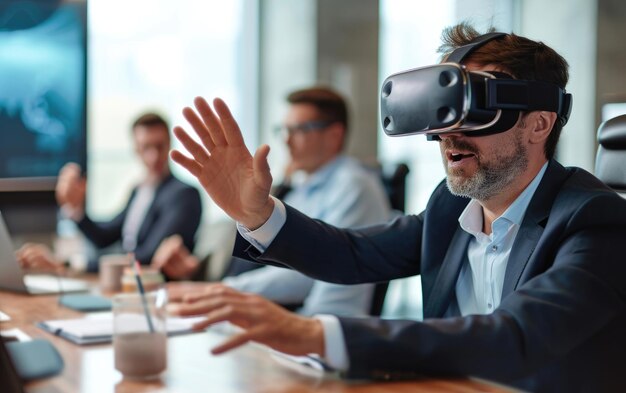 Foto un hombre de negocios lleva a cabo una reunión con gafas de realidad virtual