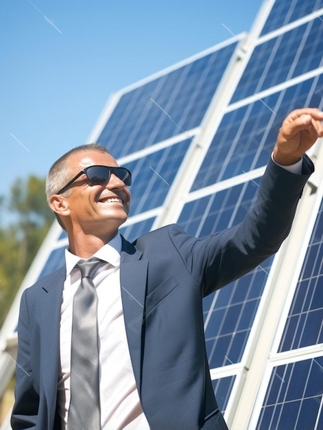 Foto hombre de negocios maduro examinando el panel solar en un día soleado