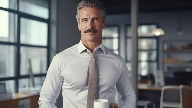 Hombre de negocios maduro, guapo, con barba larga, amigable, de pie en la oficina con una taza de café.