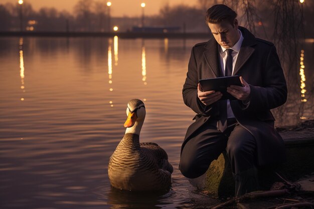 Un hombre de negocios maduro se reúne en la serena Riverside con un pato y una tableta.