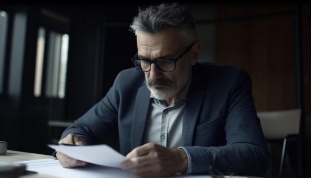 Un hombre de negocios maduro sentado en un escritorio leyendo con concentración generada por inteligencia artificial