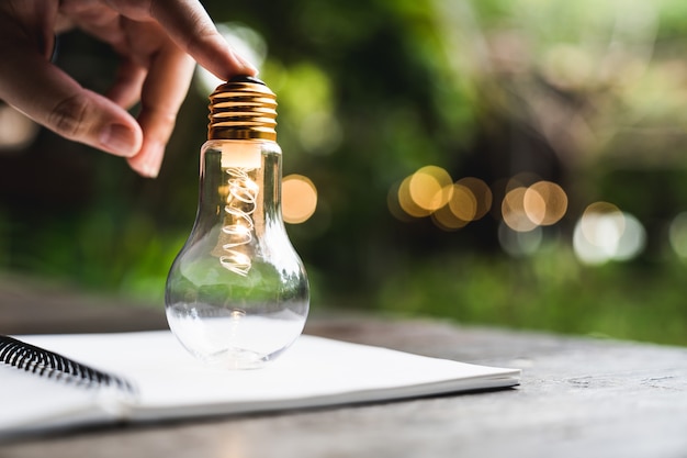 Hombre de negocios de la mano que sostiene la bombilla que en el cuaderno. Energía alternativa, idea, ahorro de electricidad, innovación e inspiración conceptos.