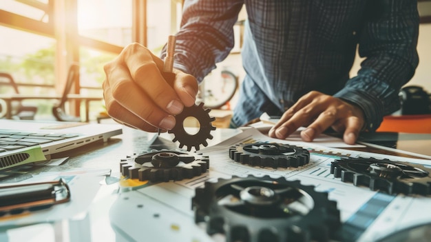 hombre de negocios mano trabajando con nueva computadora moderna y estrategia de negocios engranaje para el éxito como concepto