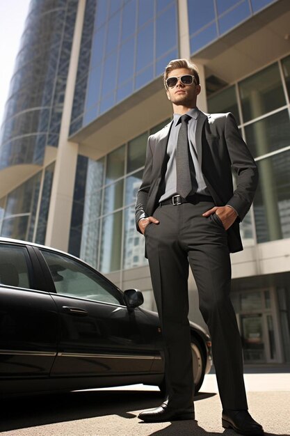 Foto hombre de negocios con las manos en los bolsillos mirando hacia abajo por el coche en frente del edificio