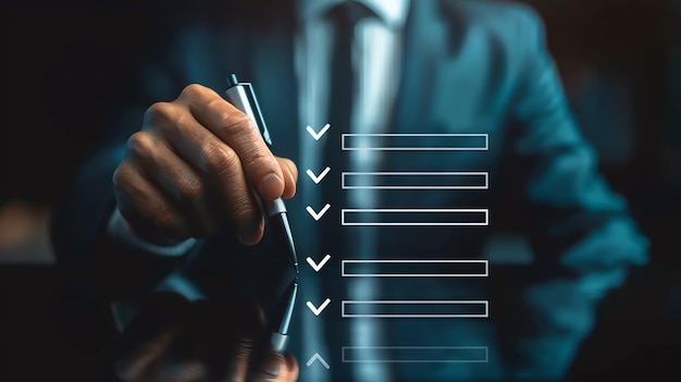 Un hombre de negocios marca los puntos de una lista virtual de tareas que simbolizan el logro y la organización