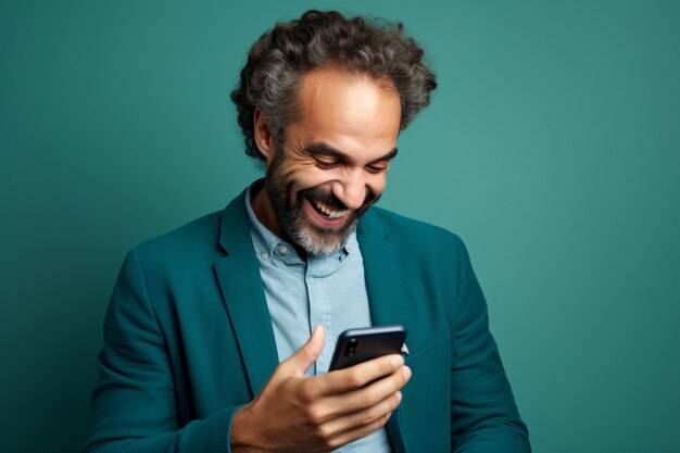 Hombre de negocios de mediana edad mirando la pantalla de su teléfono inteligente y riendo sobre un fondo azul