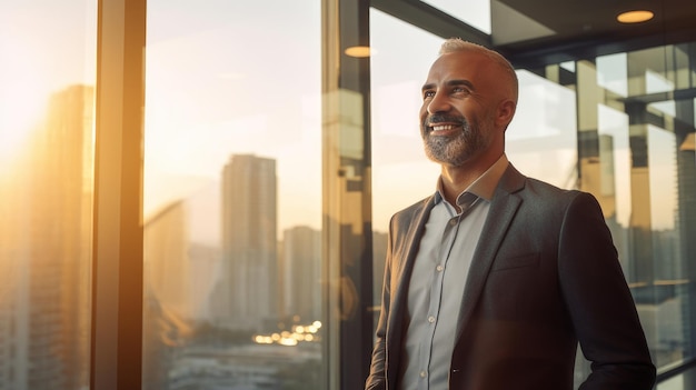 Un hombre de negocios de mediana edad en una oficina mira por una gran ventana del piso al techo generada por IA