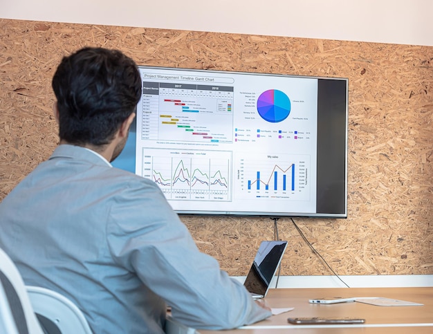 El hombre de negocios mira el gráfico del monitor y la venta y el marketing del plan del proyecto