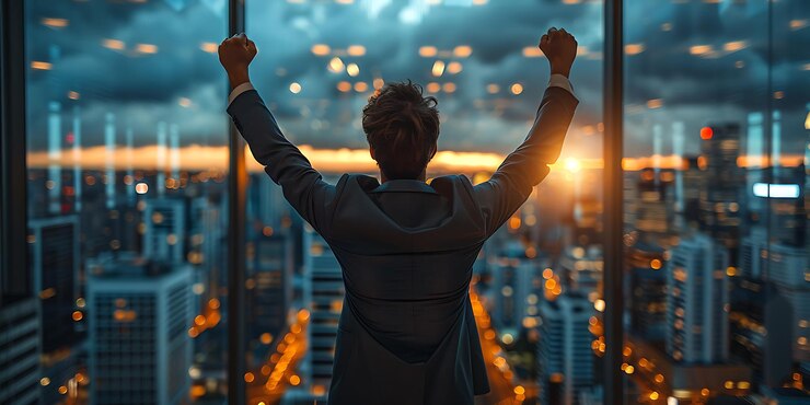 Un hombre de negocios mira el horizonte de una ciudad durante la puesta de sol