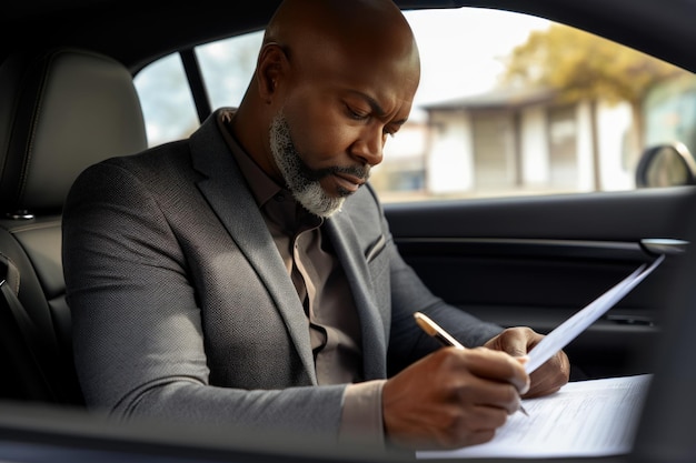 Hombre de negocios mirando documentos en su auto Joven empresario feliz leyendo contrato en el auto