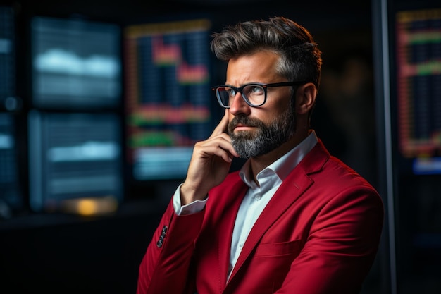 hombre de negocios mirando los gráficos del mercado de valores de las criptomonedas en la pantalla