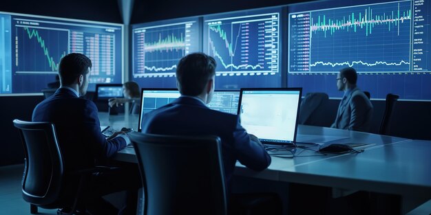 hombre de negocios mirando el mercado gráfico en el monitor en la sala de la oficina