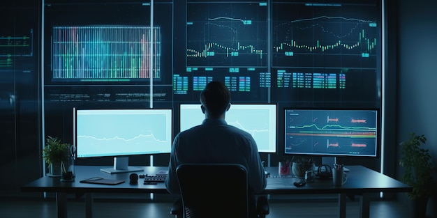 hombre de negocios mirando el monitor que muestra la cuota de mercado del gráfico