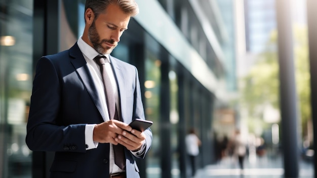 Hombre de negocios mirando el teléfono en la mano