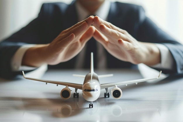 hombre de negocios con modelo de avión símbolo de seguro de viaje fondo estilo bokeh