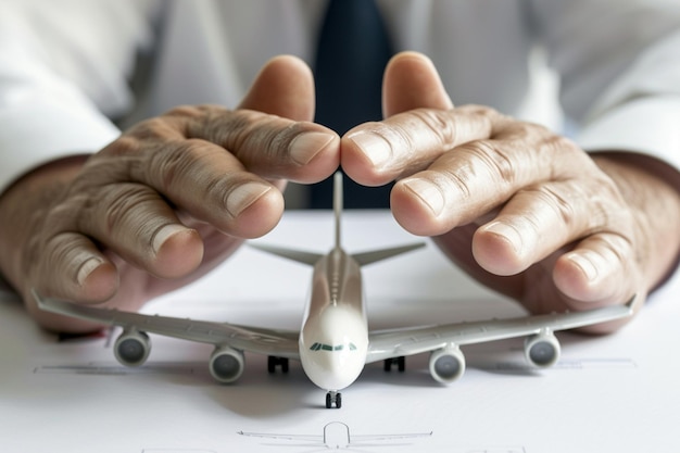 hombre de negocios con modelo de avión símbolo de seguro de viaje fondo estilo bokeh