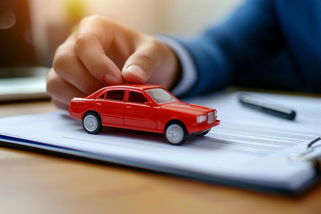 hombre de negocios con modelo de coche símbolo de seguro de coche fondo estilo bokeh