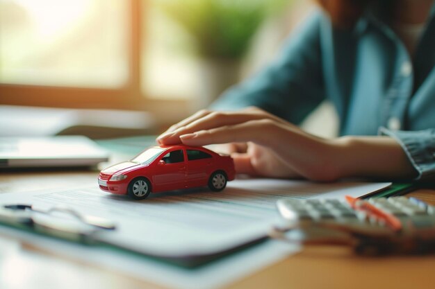 Foto hombre de negocios con modelo de coche símbolo de seguro de coche fondo estilo bokeh