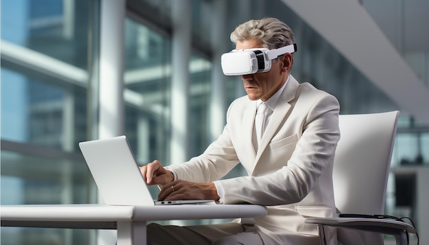 Hombre de negocios moderno en la oficina con gafas VR Experiencia en el ciberespacio en el trabajo Hombre feliz en la oficina